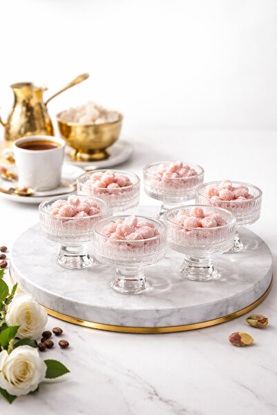 COCEM 6’lı Ayaklı Cam Lokumluk Seti Kristal Görünümlü Kahve Yanı İkramlık Sun...