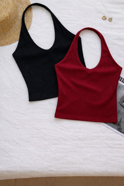 ÖZ PAMUK Γυναικεία μπλούζα με χιαστί λαιμόκοψη, αμάνικη, 2 τεμαχίων, ριμπ, βα...