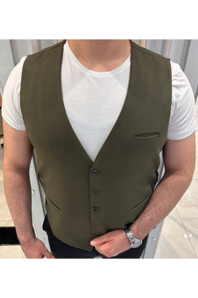 SABRİ ZENGİN Erkek Haki V Yaka Slim Fit Komple Kumaş Yelek