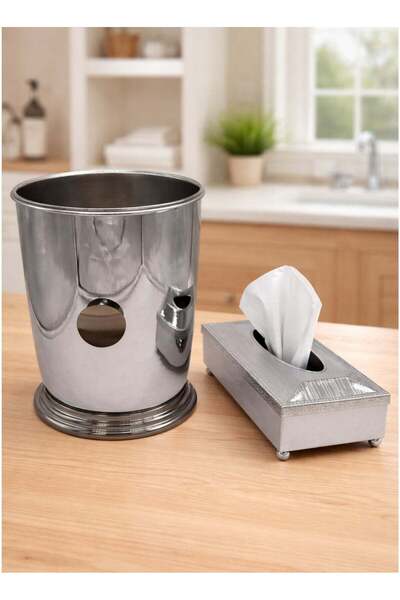 ALQANNAS Silver Trash Bin and Tissue Box Set | High-Quality Elegant Bin & Tis...