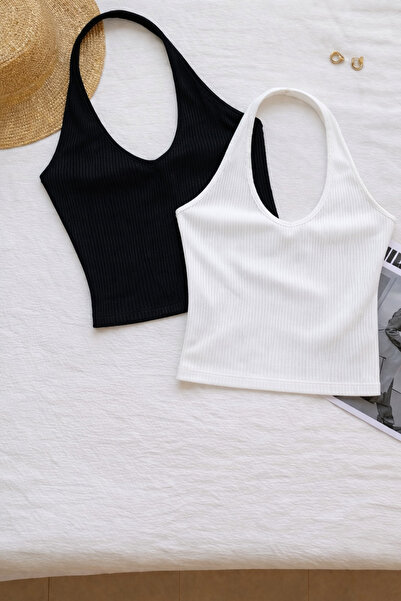 ÖZ PAMUK Γυναικεία μπλούζα με χιαστί λαιμόκοψη, αμάνικη, 2 τεμαχίων, ριμπ, βα...