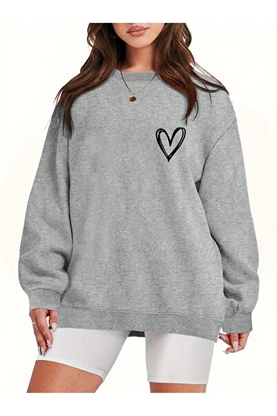 EYAX MODA Women's Heart Printed Crew Neck Sweatshirt
