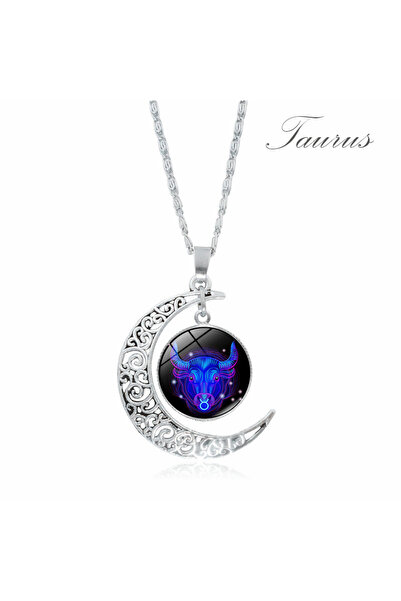 OEM Colier cu pandativ zodiacal si semiluna, aliaj metalic argintiu, lungime ...