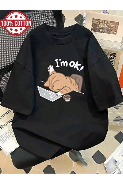 Joetsu Μπλουζάκι Unisex με στάμπα CAT, Oversize, για Γυναίκες/Άνδρες