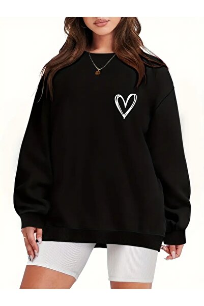 EYAX MODA Women's Heart Printed Crew Neck Sweatshirt