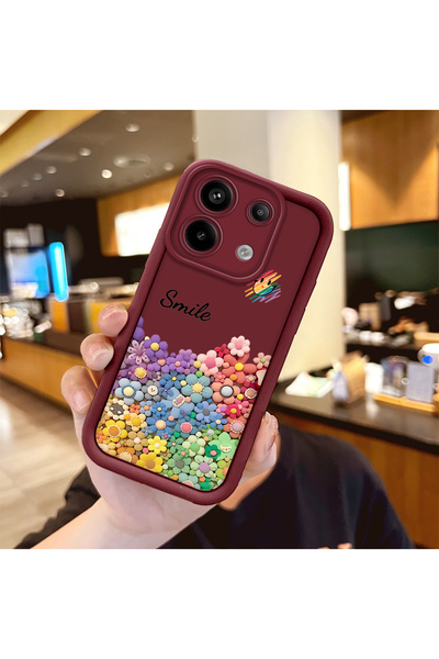 Redmi Note 13 Pro 5G Compatible Shockproof Simple Claret Red Silicone Phone Case smile Pattern