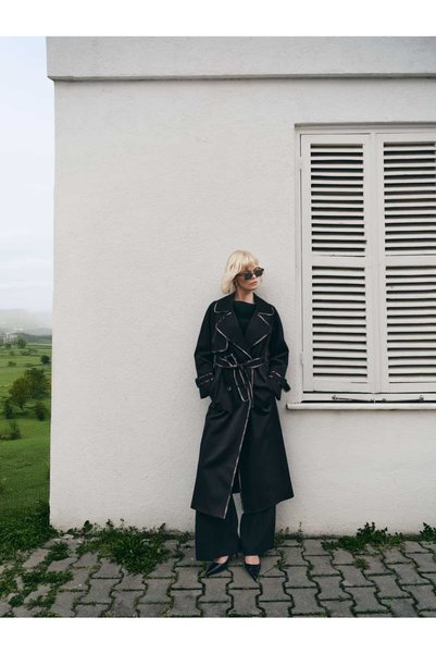 IDA Collection Piping Detailed Belted Trench Coat Black