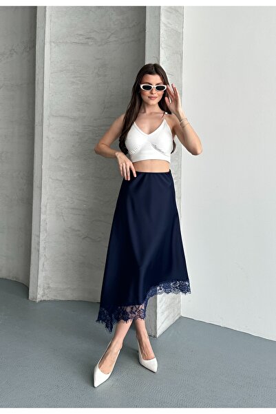 solena sln Women's Navy Blue Asymmetrical Cut Lace Stylish Midi Length Satin ...