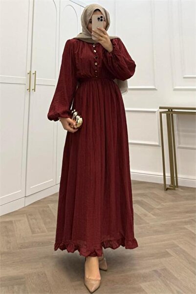 Neşeli Butik Women's Burgundy Skirt with Ruffles and Button Details Cotton Lo...