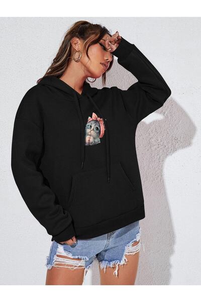 EYAX MODA Hanorac oversize cu glugă cu pisică drăguță