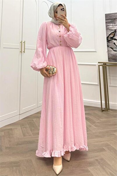 Neşeli Butik Women's Pink Skirt with Ruffles and Button Details Cotton Loose-...