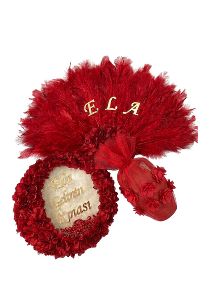 Elriya Kırmızı Üç Boyutlu Çiçekli Gelin Kına Seti; İsme Özel Yelpaze-Testi-İs...