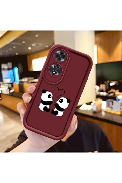 Hontinga OPPO A60 Uyumlu Panda Desen Darbeye Dayanıklı Basit Bordo Silikon Te...