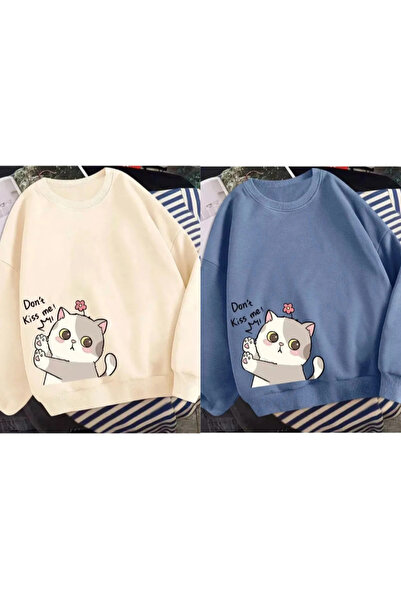 EYAX MODA 2-Pack Women's Cat Printed O-Neck Sweatshirt Eyaxx Sportwear Company