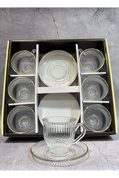 ALQANNAS طقم اكواب شاي 6 حبة مع 6 صحون قزاز كريستال علئ خط ذهبي