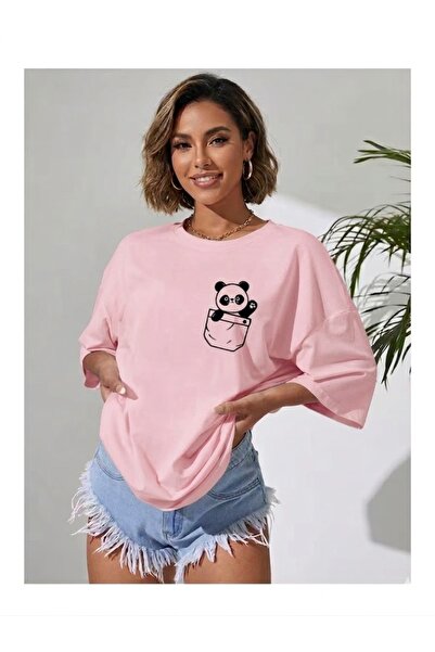 WOODROFFE Γυναικείο μπλουζάκι με στάμπα Panda Pocket Oversize Casual