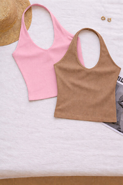 ÖZ PAMUK Γυναικεία μπλούζα με χιαστί λαιμόκοψη, αμάνικη, 2 τεμαχίων, ριμπ, βα...