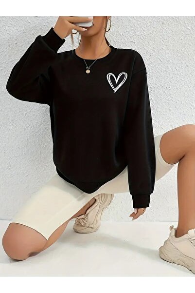 EYAX MODA Heart Print Crew Neck Sweatshirt