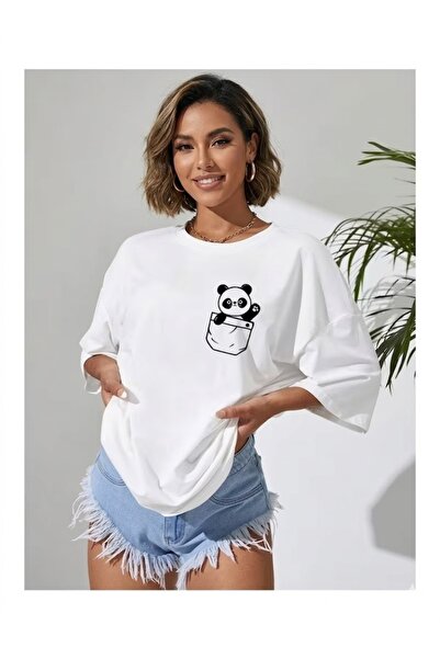 WOODROFFE Γυναικείο μπλουζάκι με στάμπα Panda Pocket Oversize Casual