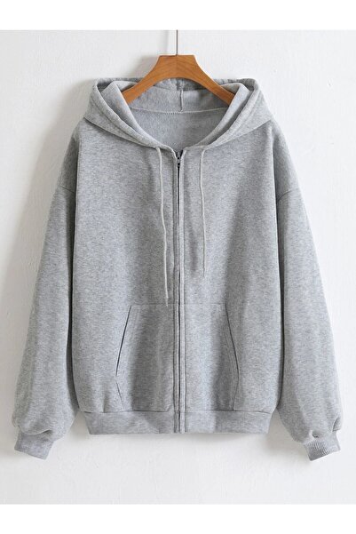 EYAX MODA Zippered Hooded Oversize Sweatshirt
