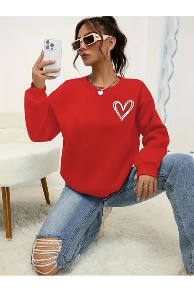 EYAX MODA Heart Print Crew Neck Sweatshirt