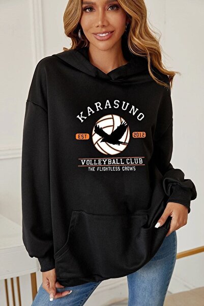 EYAX MODA Black Printed Unisex Oversize Hooded Sweatshirt