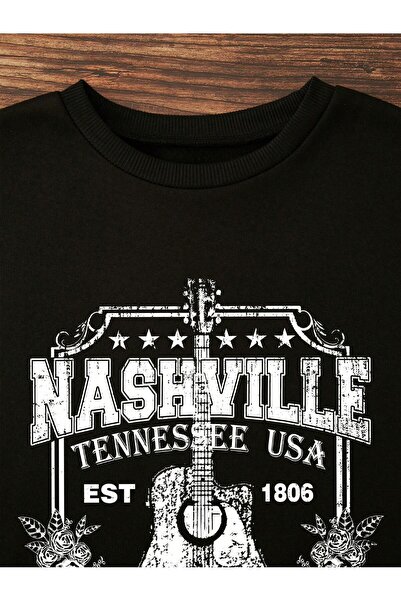 EYAX MODA Nashville Guitar Printed Crew Neck Oversize Unisex Sweatshirt Eyaxx...
