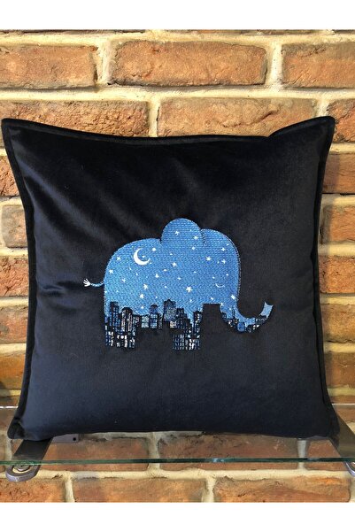 harmony factory Black Embroidered Throw Pillow Cover with Night View Elephant...