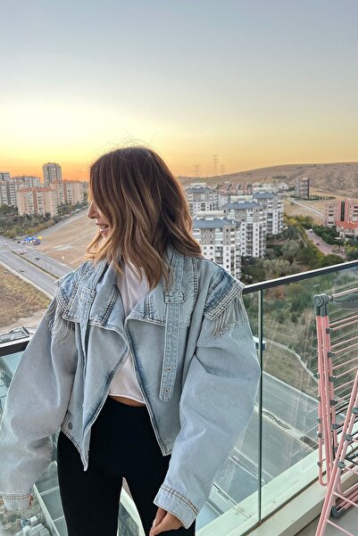 Bak'ap Bomber Denim Jeans Jacket with Design Balloon Sleeve Accessory Detail