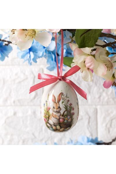 ZanaCasei Ou decorativ de Paște Ecru cu model de iepuraș și coșuleț pentru ou...