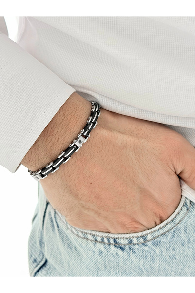 FERRO سوار رجالي من الفولاذ باللونين الأسود والفضي FRJ10173A-J مع عبوة هدايا ...