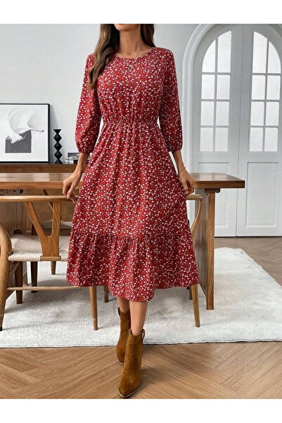 Iuliashop Red Asina Midi Dress with White Floral Print - M