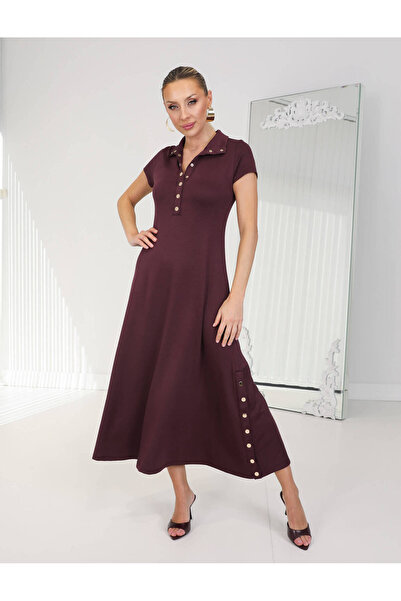 MODAMERSİ Γυναικείο κοντομάνικο φόρεμα με κουμπωτό κλείσιμο σε χρώμα δαμασκηνί