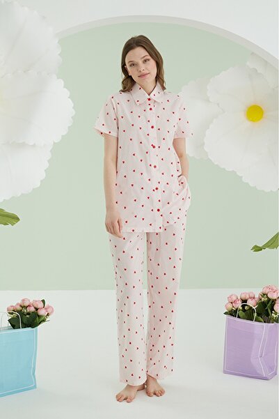 NBB Women's Cotton Short Sleeve Shirt Collar Heart Pajama Set