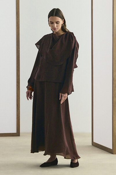 Lale Butik Kadriye Baştürk Shawl Collar Shirt Skirt Set 420 Bitter Brown