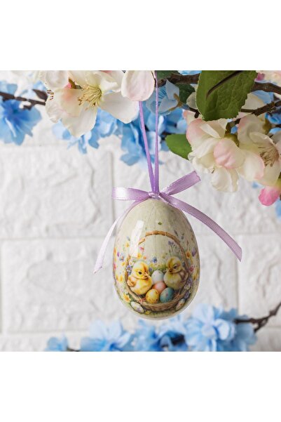 ZanaCasei Ou decorativ de Paște Ecru cu model cu pui și ouă colorate 7,5cm