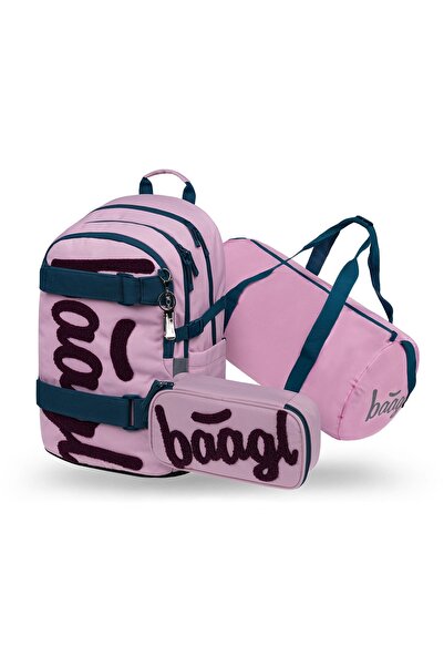 Baagl Set rucsac școlar 3 piese: Rucsac, Penar, Geantă sport, Skate Rose, fet...