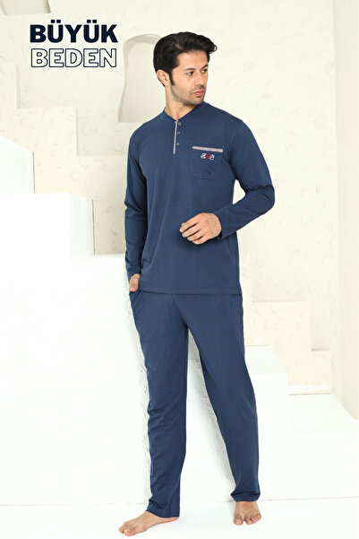 ALİMER Large Size Men's Pajama Set - Indigo Arma Embroidered Lycra Combed Cot...