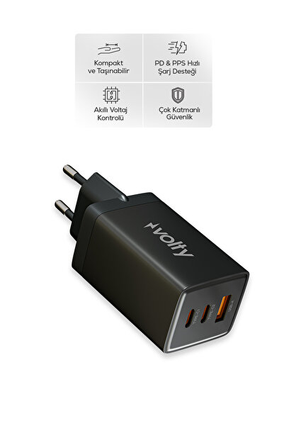 Volty Hızlı Şarj Adaptörü (67W GaN + Type-C Kablo Dahil 100W PD) | 3 Portlu (...