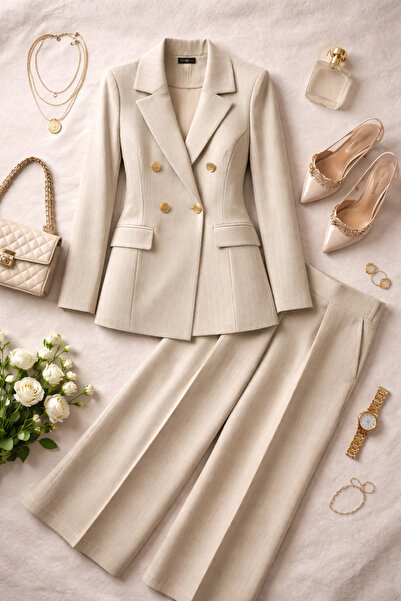 Enfi Bej İnce Çizgili Çift Düğmeli Blazer Ceket & Pantolon Takım – Premium Şı...
