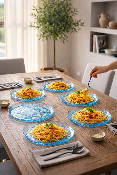 Paşabahçe 6'lı Kristal Desenli Cam Pasta Yemek Tabağı Tatlı Servis Tabak Seti...