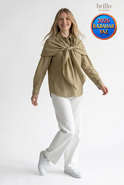 Fast Perry Extra Shawl Detailed Two-Color Striped Oversize Shirt