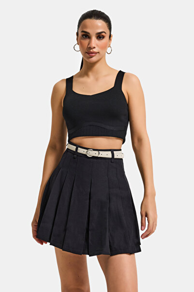 it's basic Fustă mini neagră pentru femei, w5, cu curea, plisată, din țesătur...