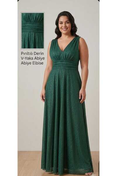 aytenli Γυναικείο Σμαραγδί Πράσινο Λαμπερό Μακρύ Βραδινό Φόρεμα με V-λαιμόκοψ...