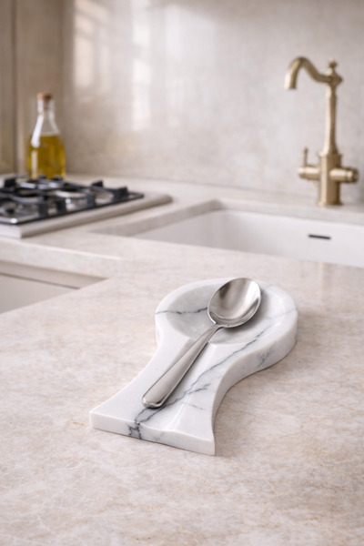 zekmar home stone Natural Marble Spoon Rest – White Veined Spoon Holder Minim...