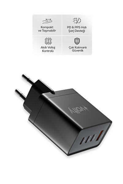 Volty Hızlı Şarj Adaptörü 67W GaN + Type-C Kablo 100W PD | 4 Port, iPhone & S...
