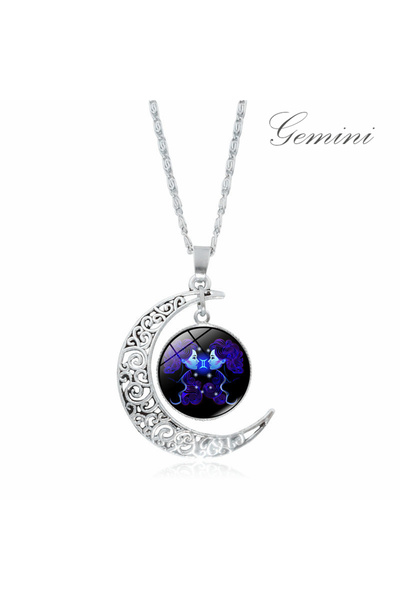 OEM Colier cu pandativ zodiacal si semiluna, aliaj metalic argintiu, lungime ...