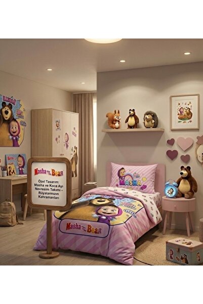Taç Masha and the Bear Themed, Very Cute Children's Bedding Set