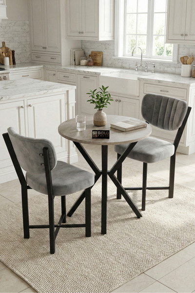 GOLDFALEZ Mutfak Masası 70 Çap 2 Sandalyeli Traverten Görünümlü Balkon Bahçe ...