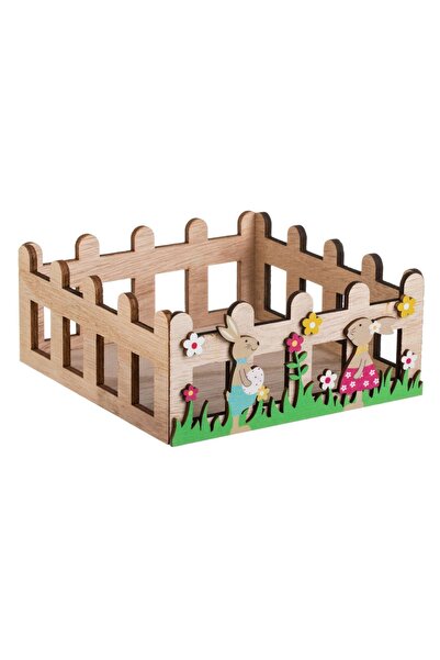 ZanaCasei Decorative Easter Wooden Box Beige Fence with Bunnies 15x15x6cm